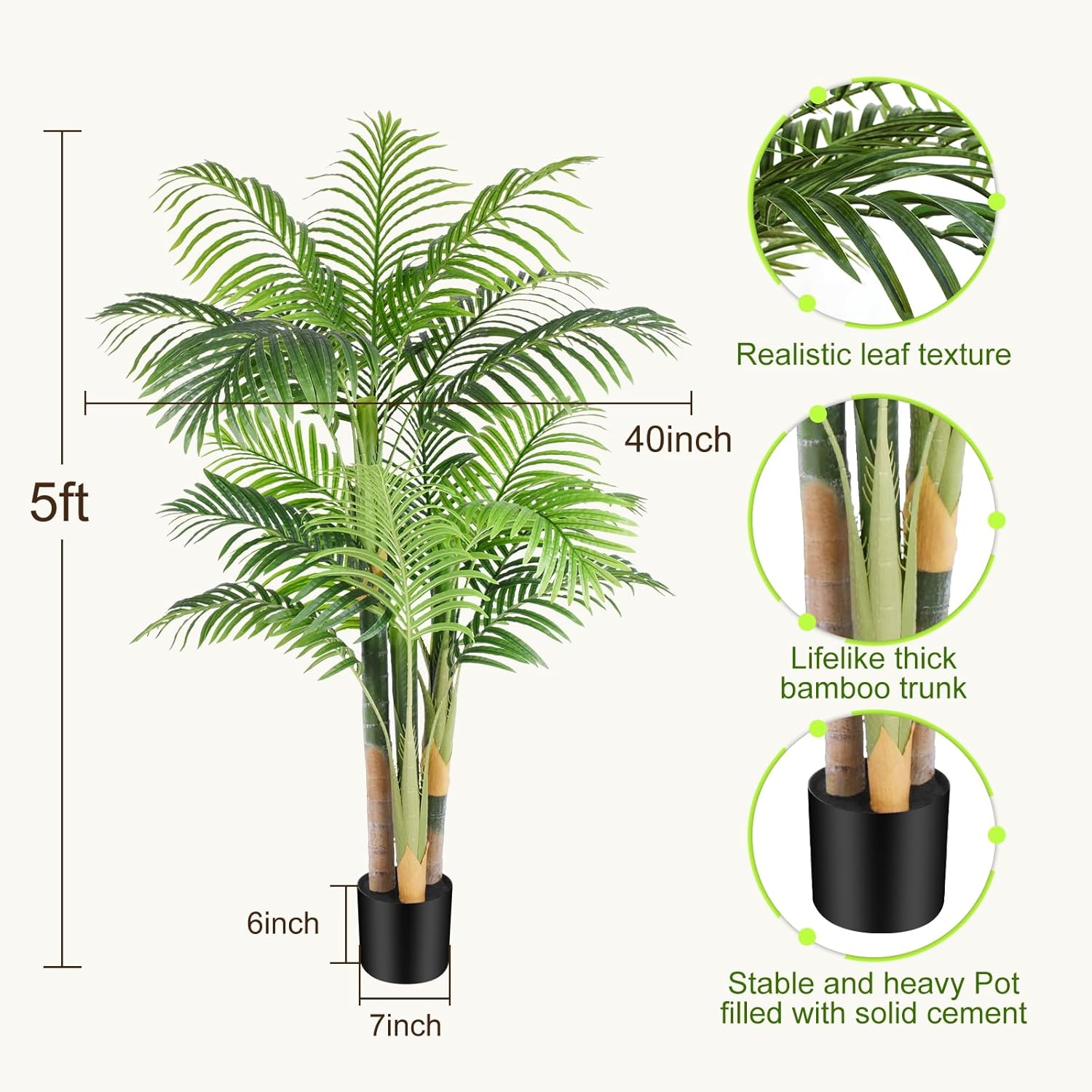 5ft Triple Golden Cane Palm Artificial Tree in Pot