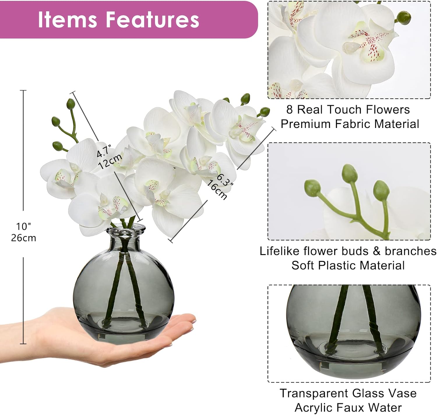 White Orchids Artificial Flowers Set of 2 with Glass Vase