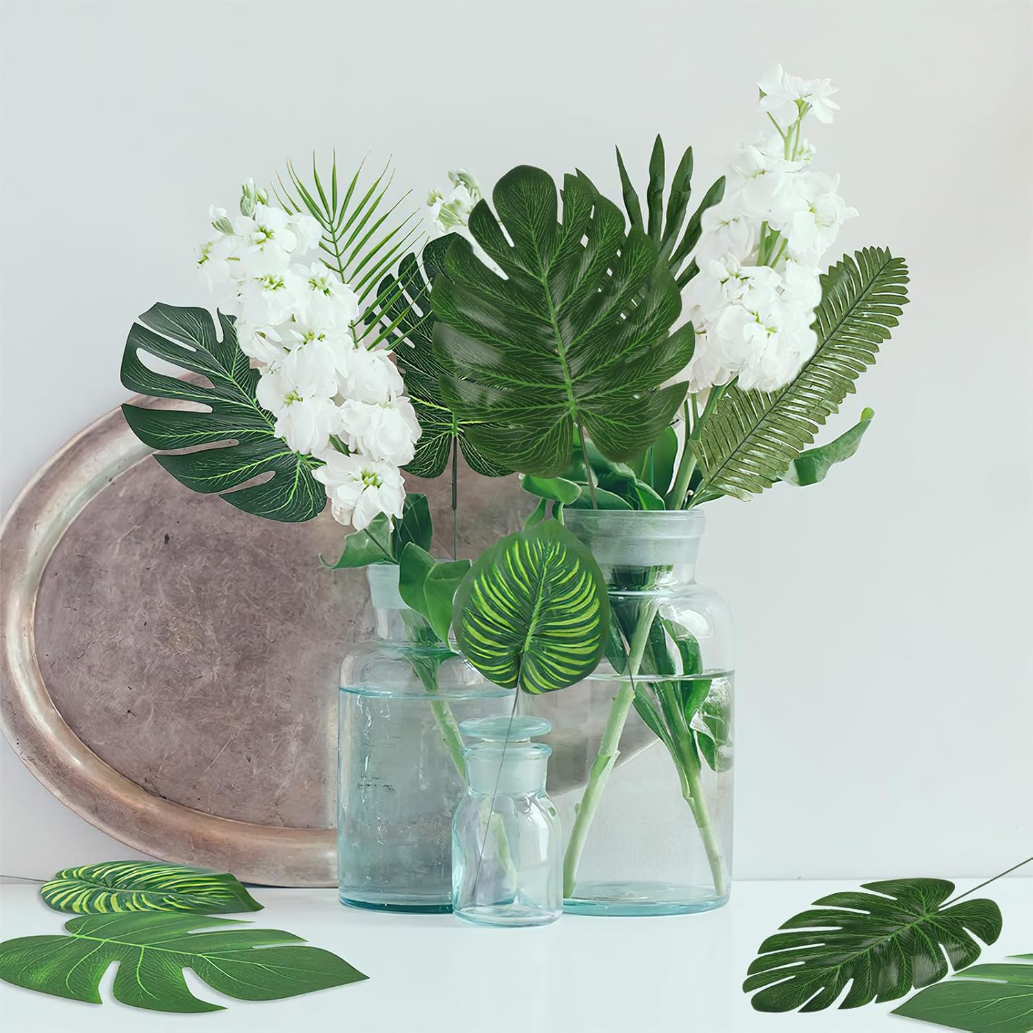 60 Pieces 4 Kinds Artificial Palm Leaves with Stems