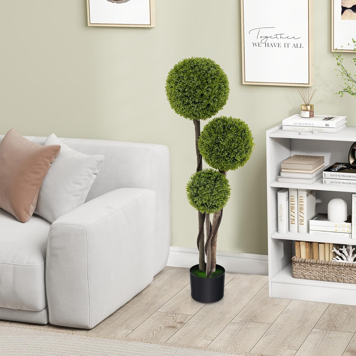 GOFLAME 4FT Artificial Boxwood Topiary Triple Ball Faux Plant in Pot
