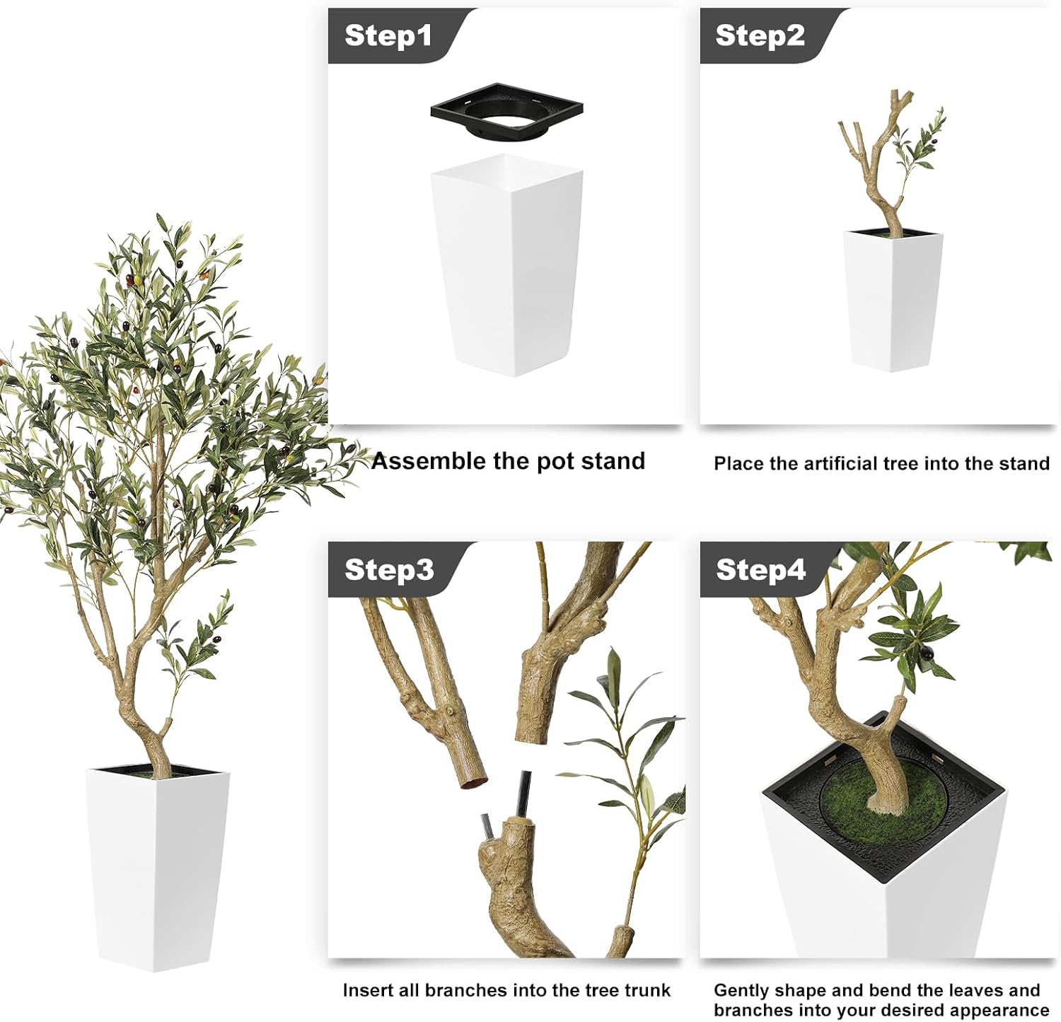 Faux Olive Tree 5ft with White Planter and Natural Wood Trunk
