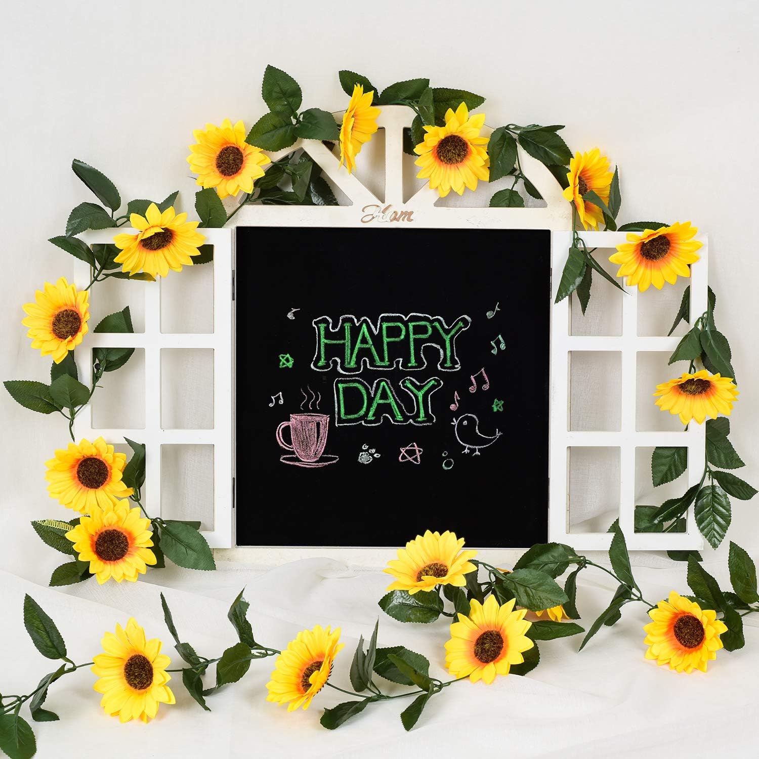 DearHouse 3 Pack Artificial Sunflower Garland with Green Leaves
