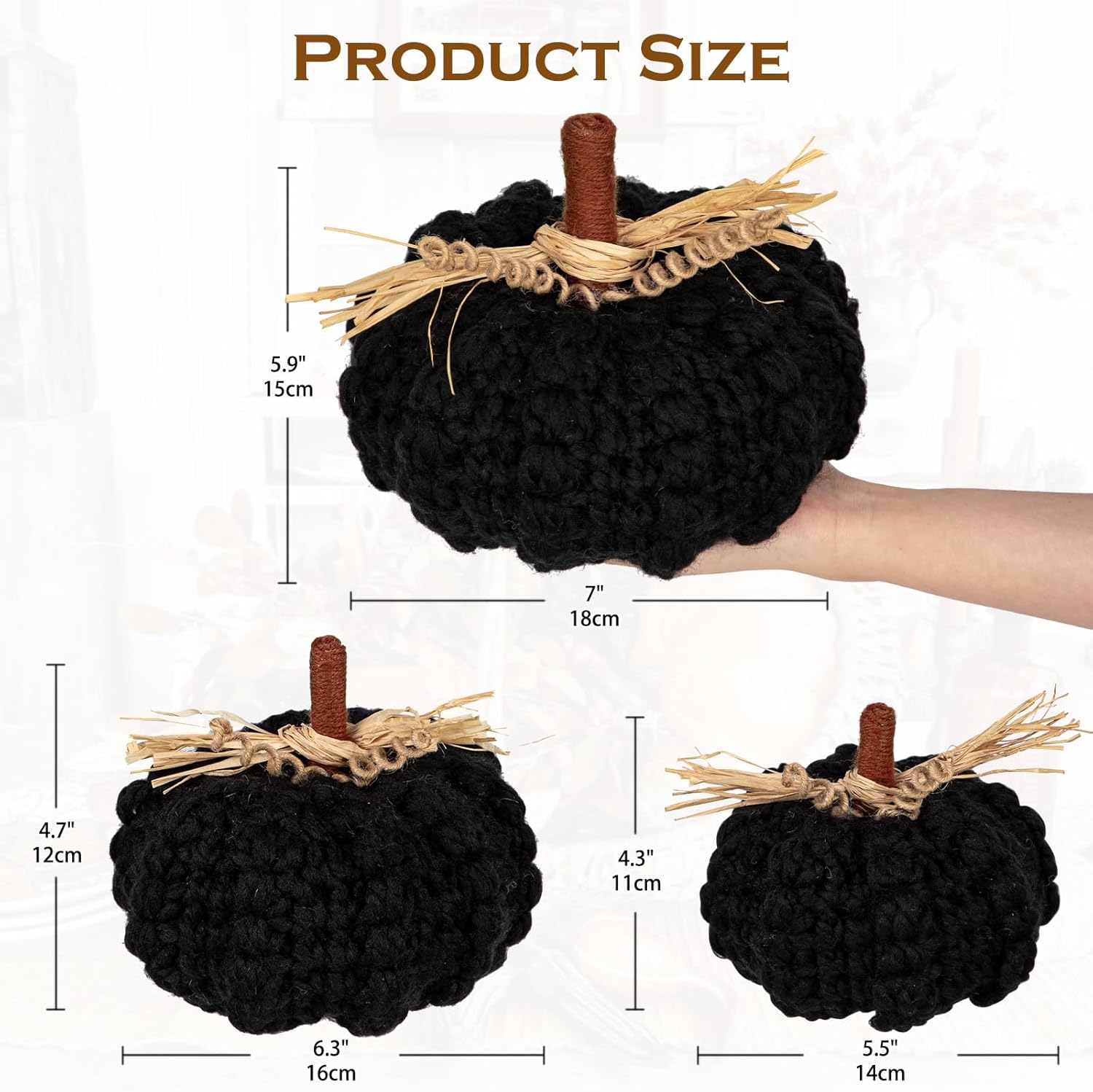 Briful Extra Large Black Yarn Pumpkins 3pcs Fall Decor