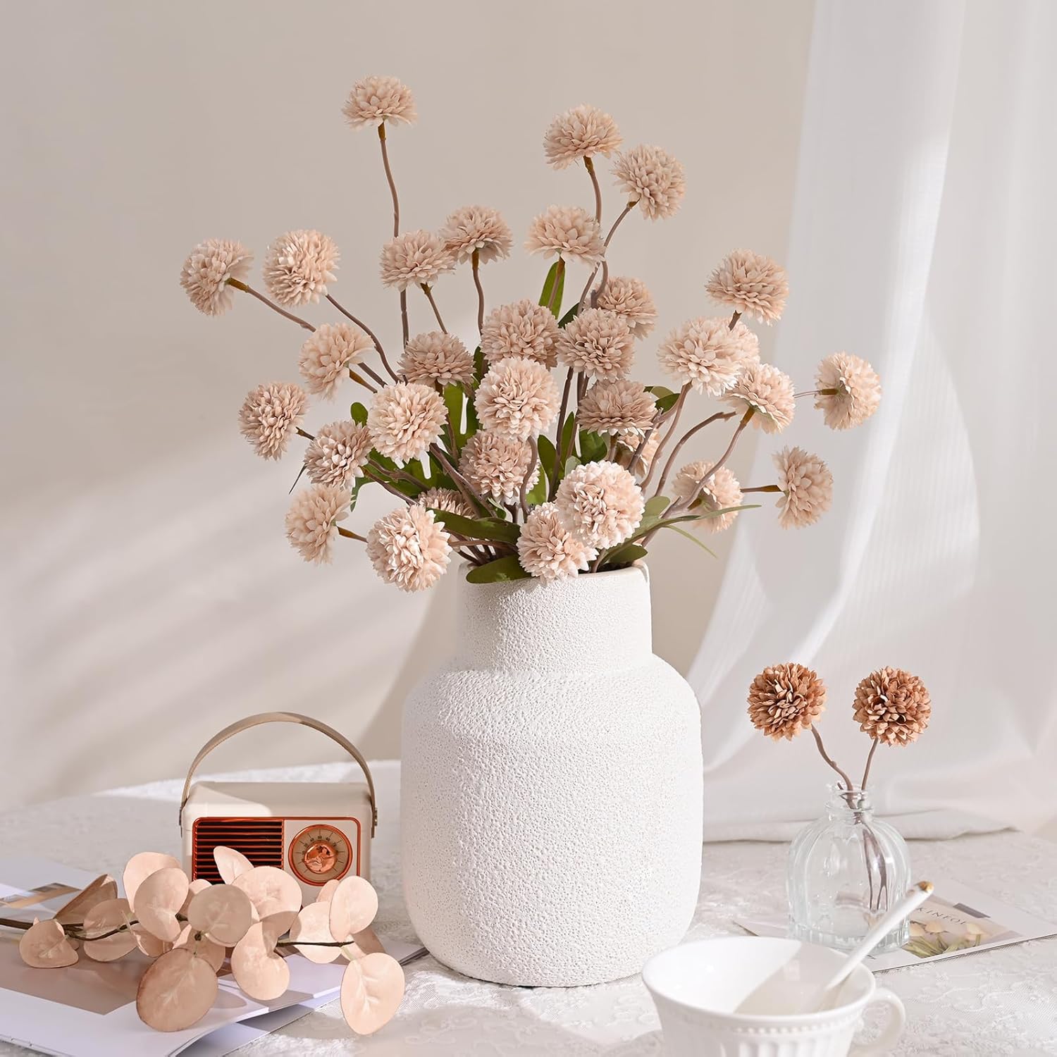 Waipfaru 10pcs Fake Silk Pompon Mum Artificial Flowers with Eucalyptus Stems