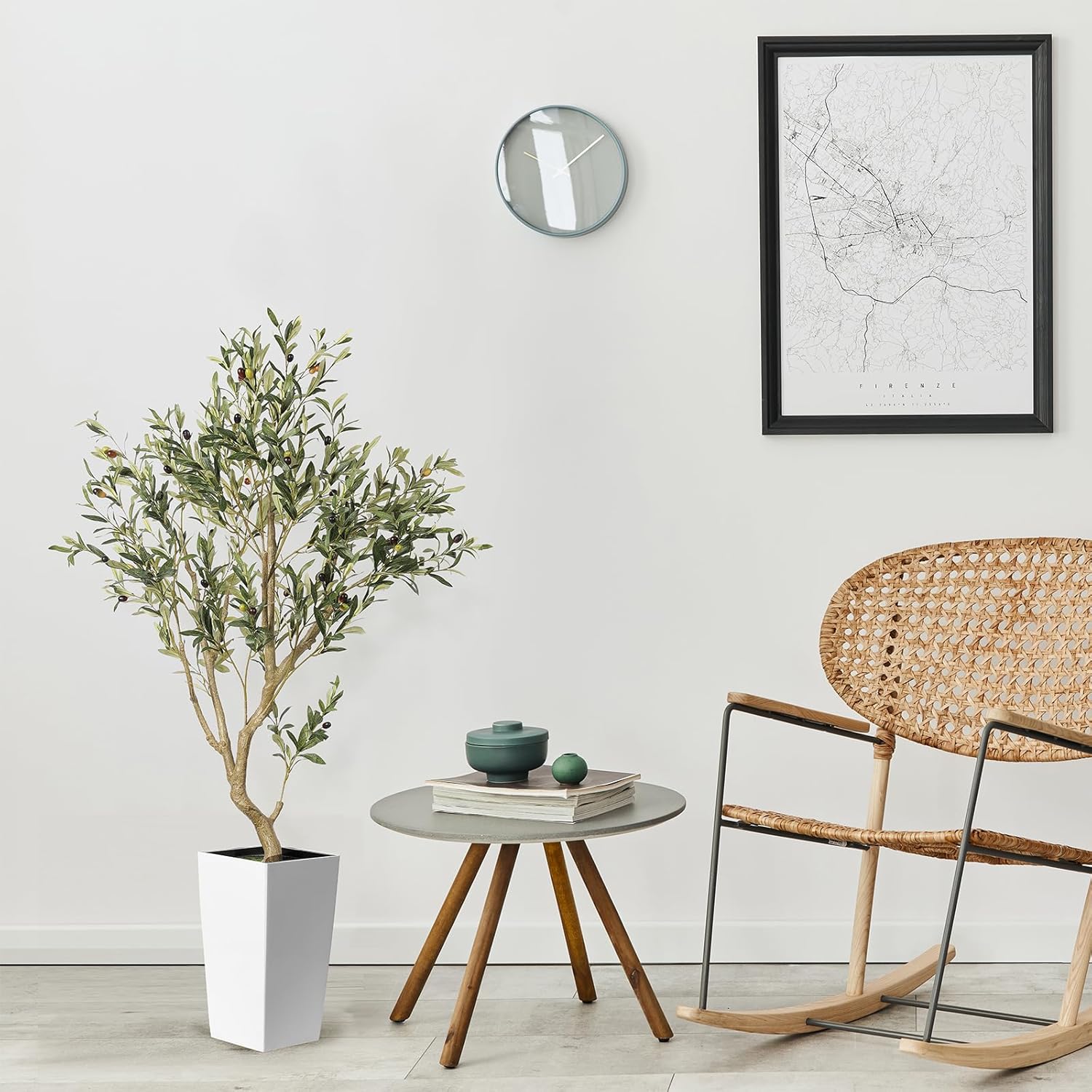 Faux Olive Tree 5ft with White Planter and Natural Wood Trunk