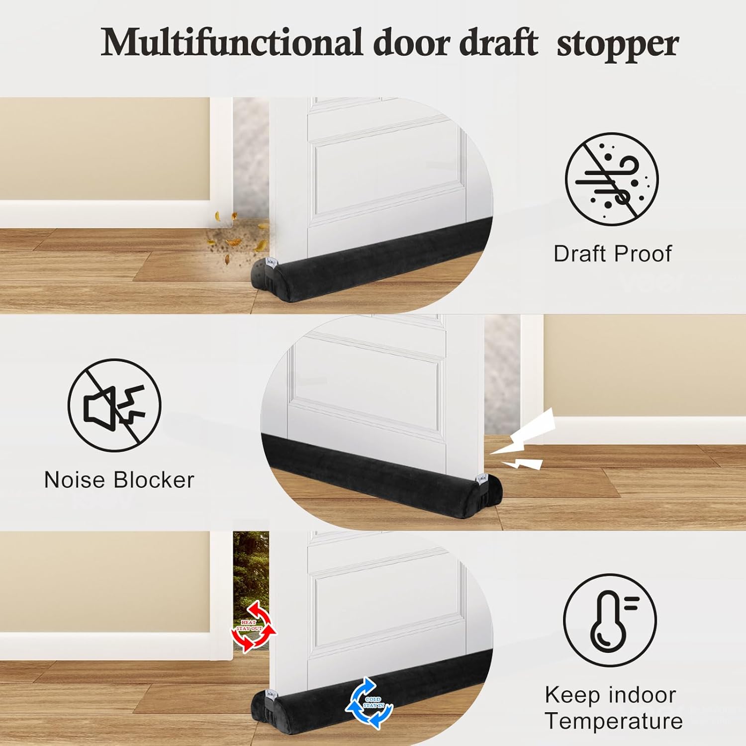 Fowong Under Door Draft Stopper Black Adjustable 30-36 Inch