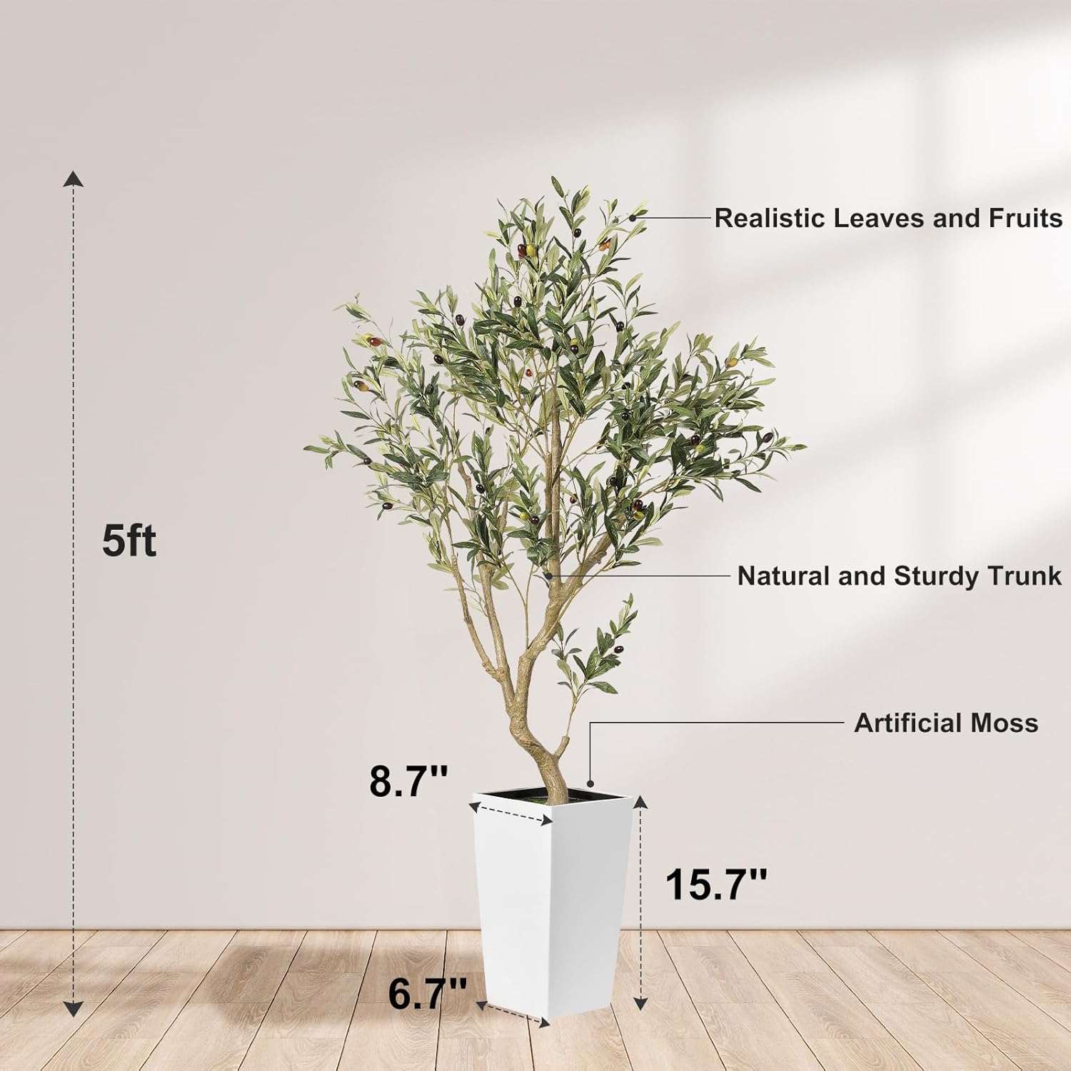 Faux Olive Tree 5ft with White Planter and Natural Wood Trunk