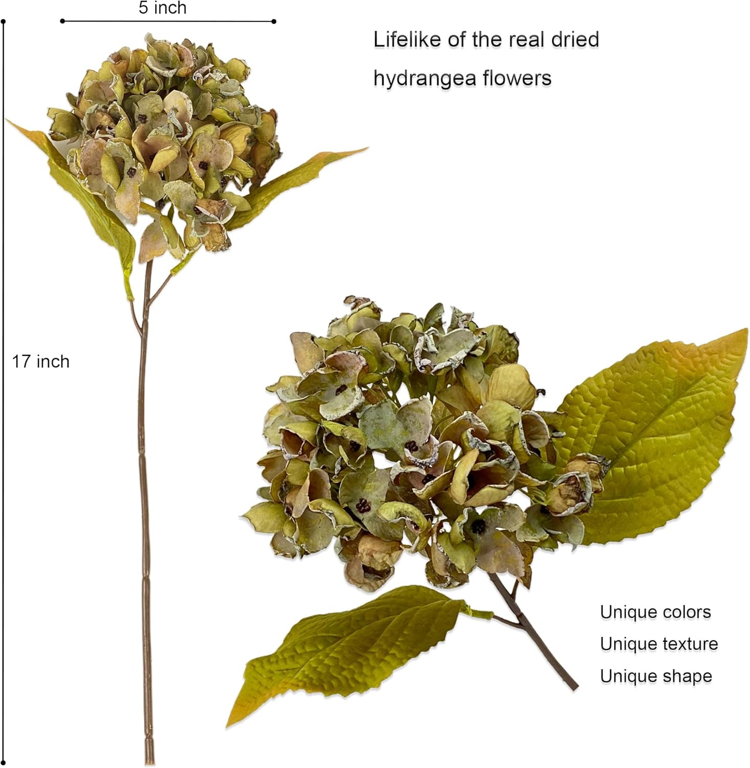 TOPIA Silk Dried Hydrangea Flowers 6 PCS Green