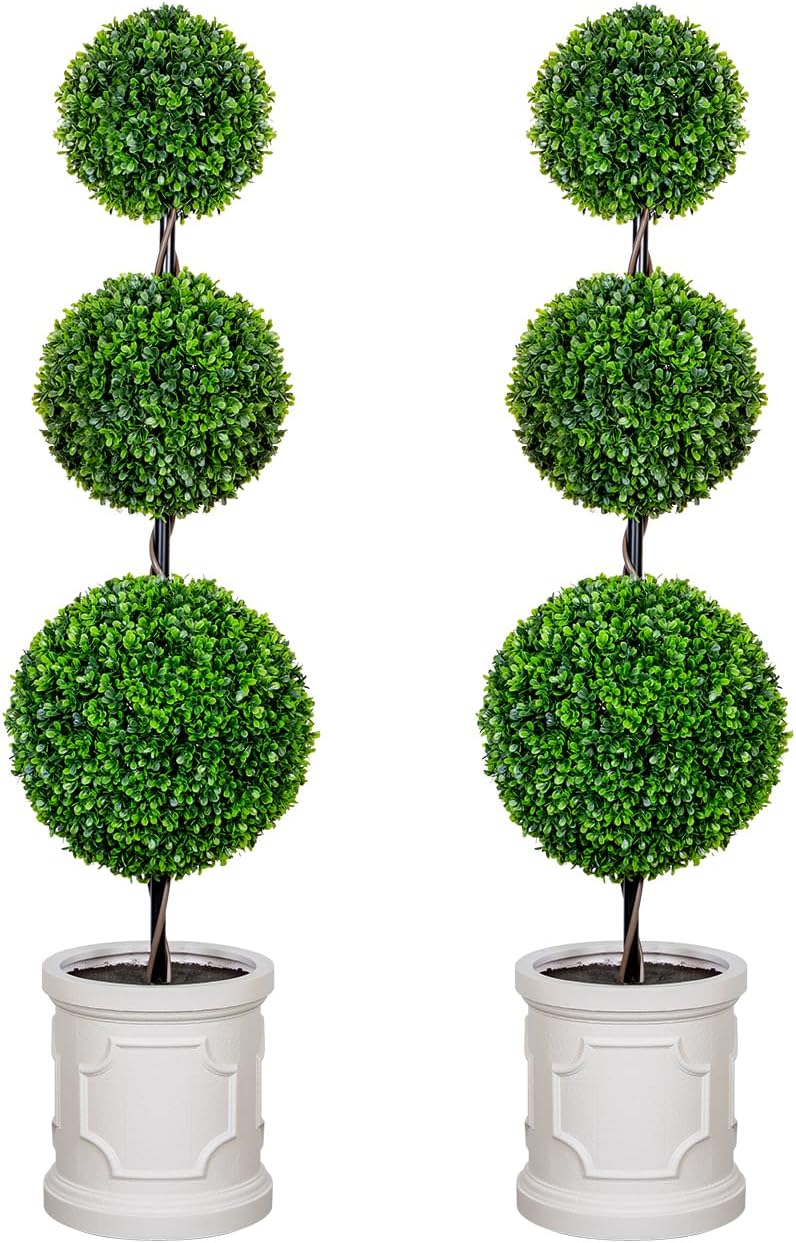 3FT Artificial Triple Ball Topiary Trees with White Planter Pot Set of 2