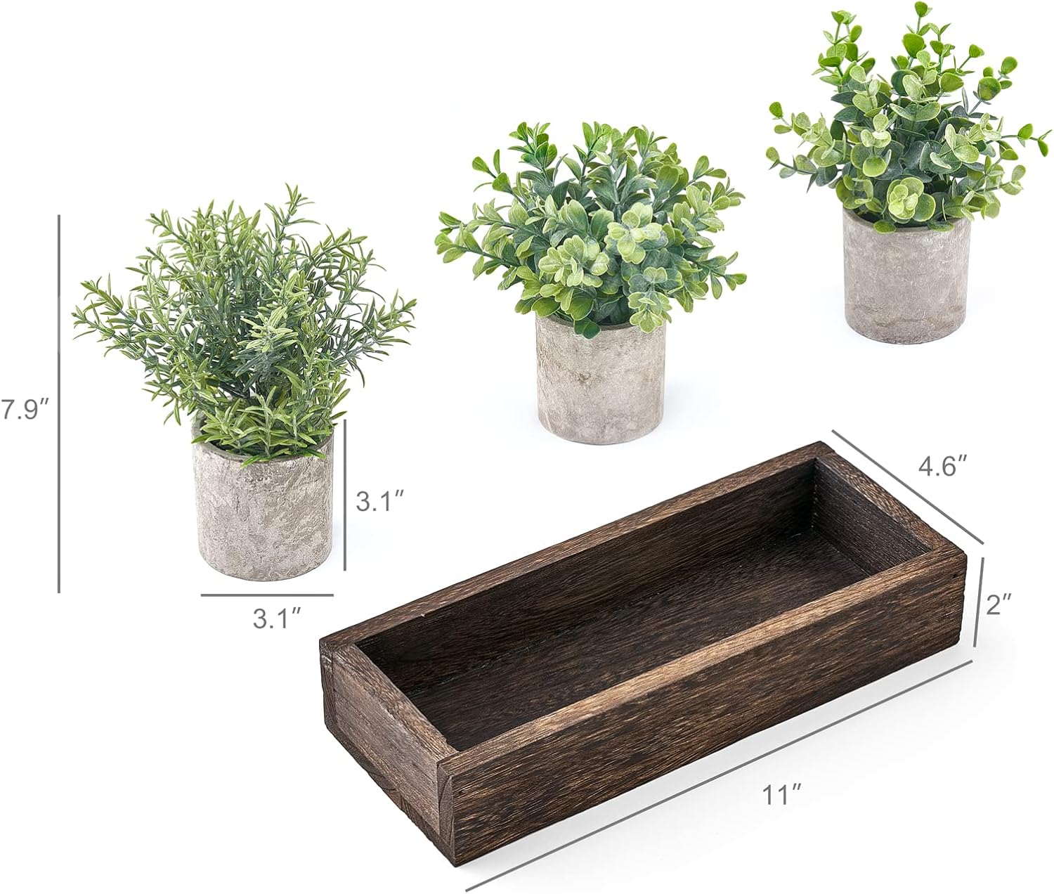 Dahey 3 Pack Mini Artificial Eucalyptus Plants with Wood Tray