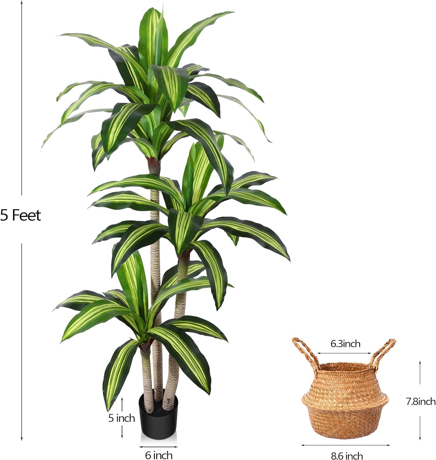 Ferrgoal 5 Ft Dracaena Tree Artificial Plants with Woven Seagrass Basket