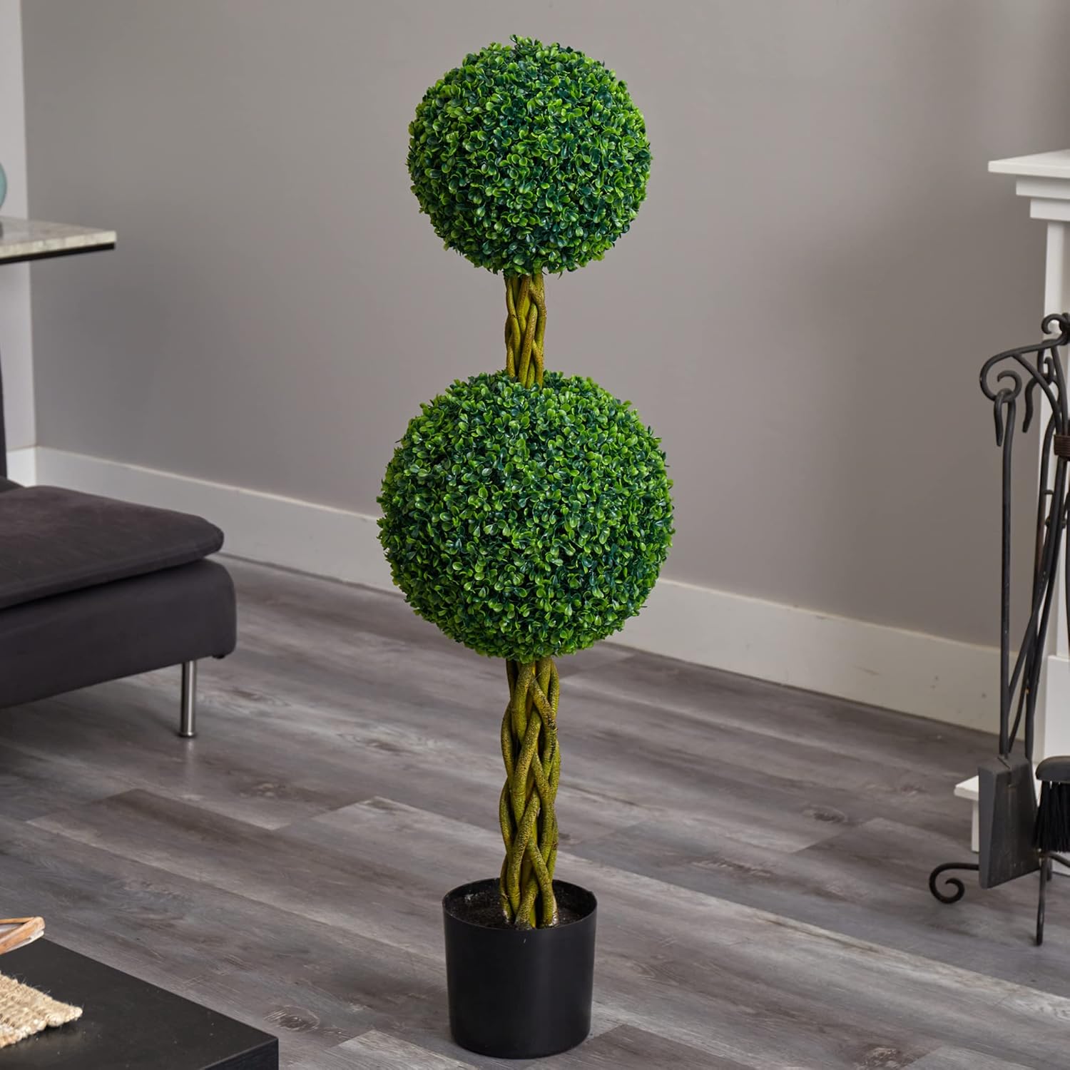 Nearly Natural 4ft Boxwood Double Ball Artificial Topiary Tree with Woven Trunk