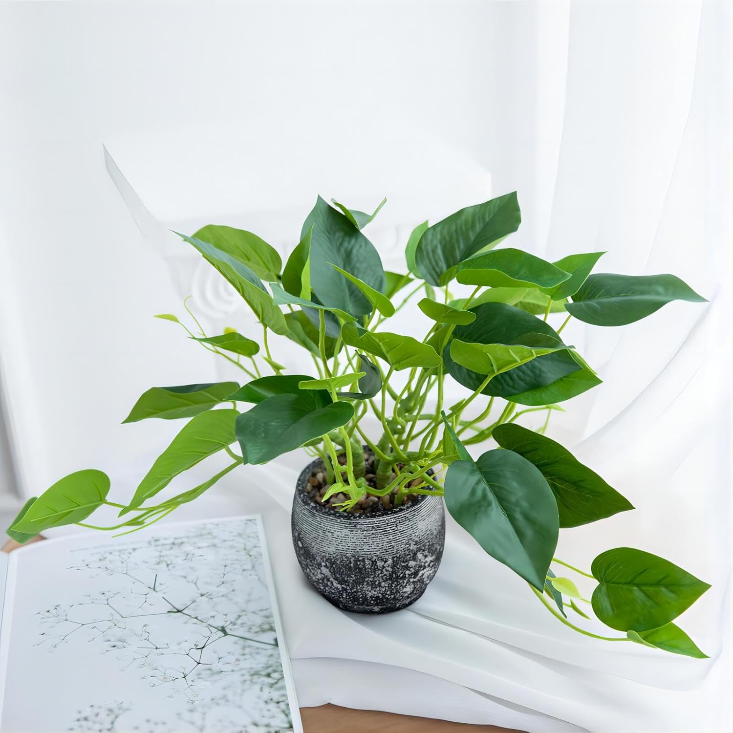 AlphaAcc Artificial Ivy Plant in Rustic Black Cement Pot