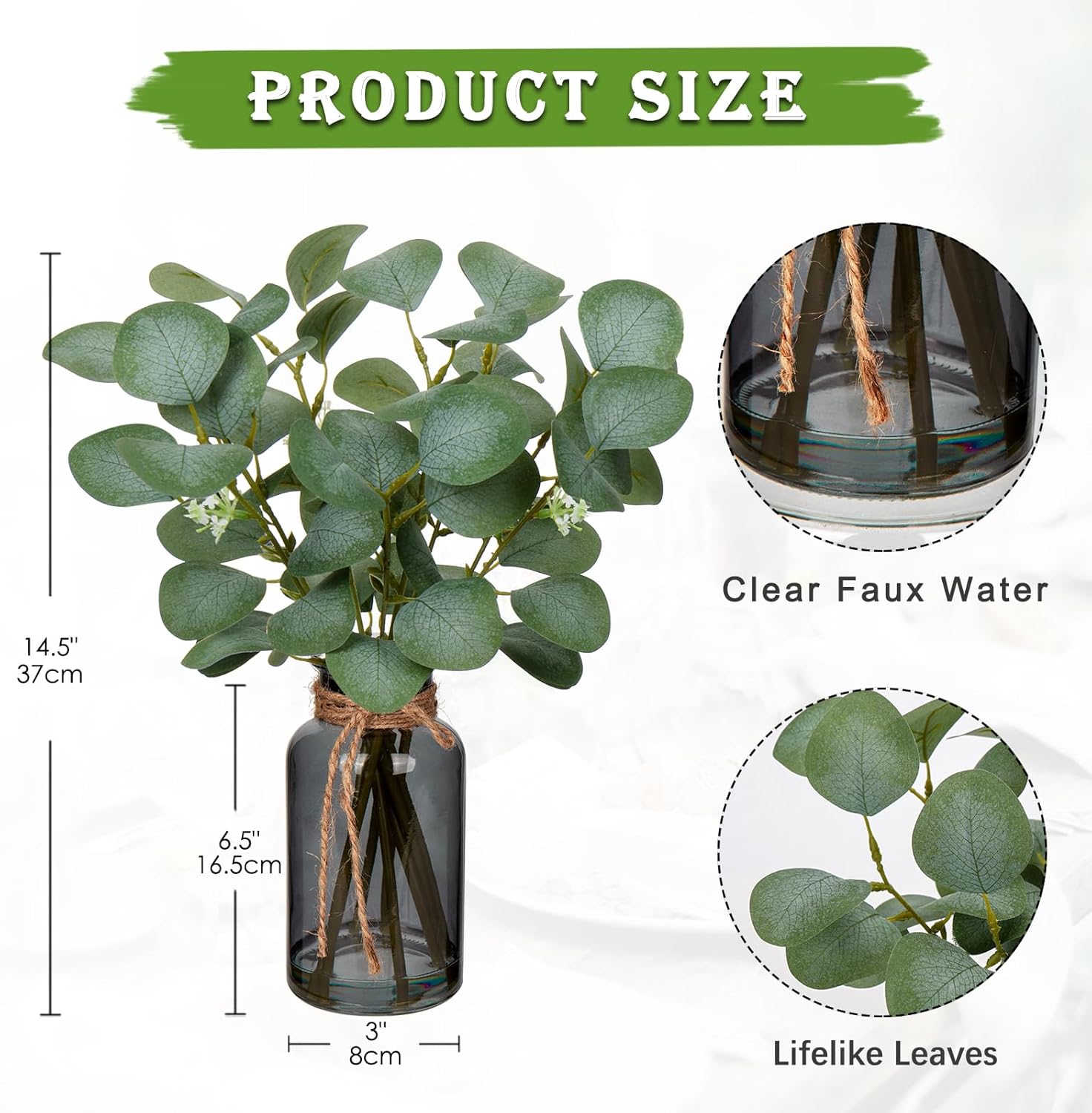 Briful Artificial Eucalyptus Leaves in Black Glass Vase