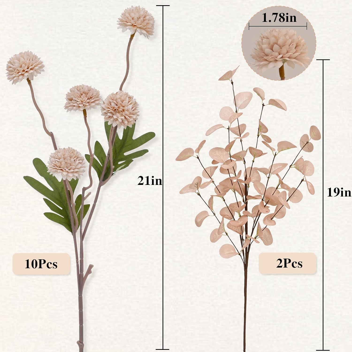 Waipfaru 10pcs Fake Silk Pompon Mum Artificial Flowers with Eucalyptus Stems