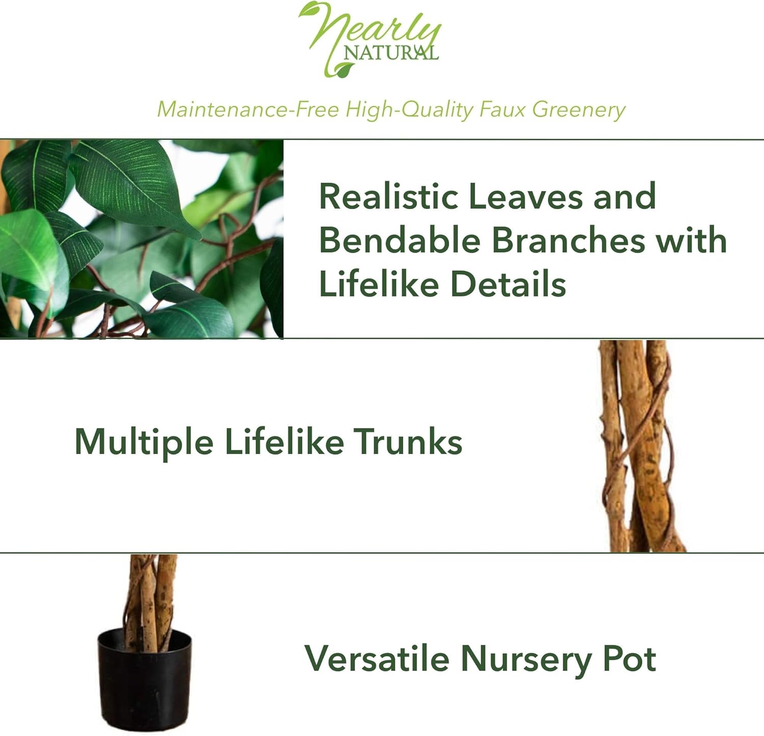 Nearly Natural 3ft Triple Trunk Artificial Ficus Tree with Black Pot