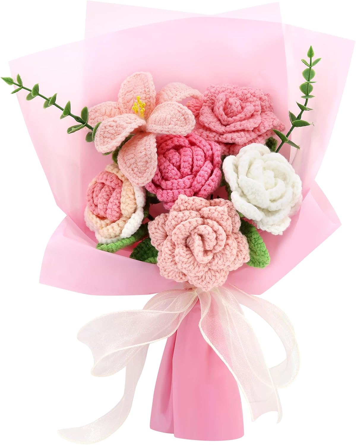Handmade Crochet Sunflowers Rose Daisy Bouquet Pink Gift