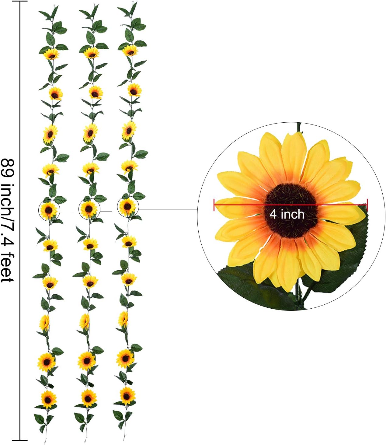 DearHouse 3 Pack Artificial Sunflower Garland with Green Leaves
