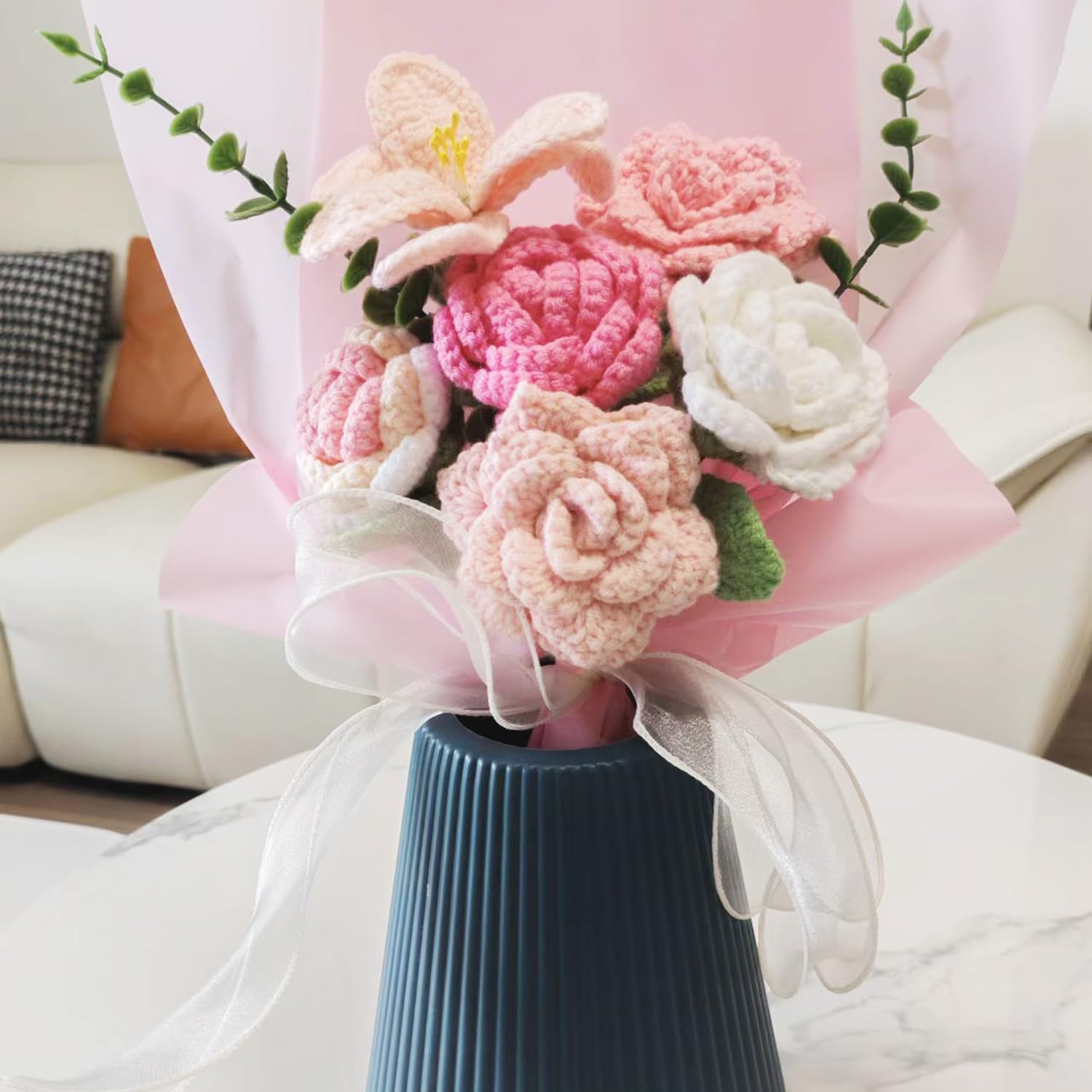Handmade Crochet Sunflowers Rose Daisy Bouquet Pink Gift