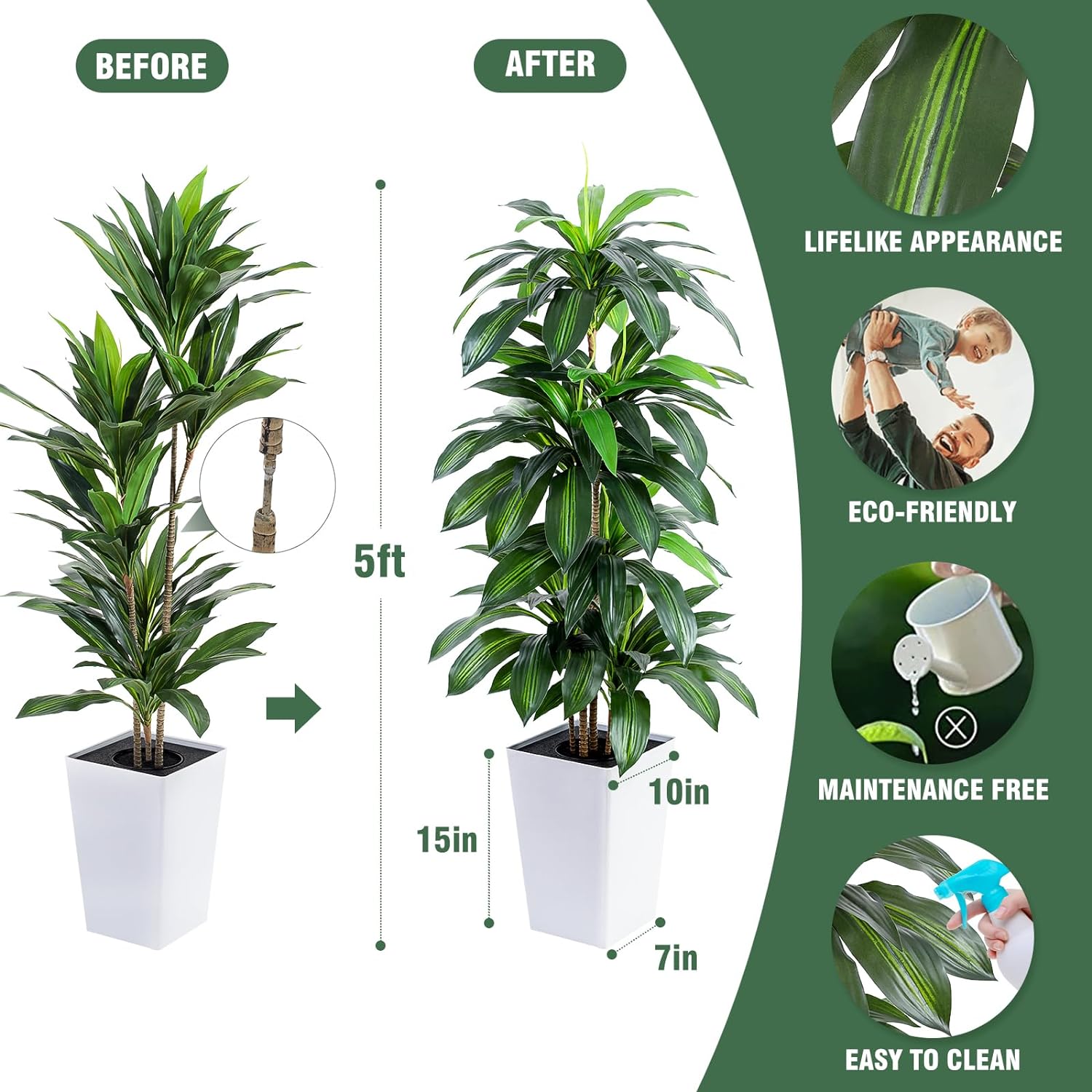 Flowworld Artificial Dracaena Tree 5ft Tall with White Planter