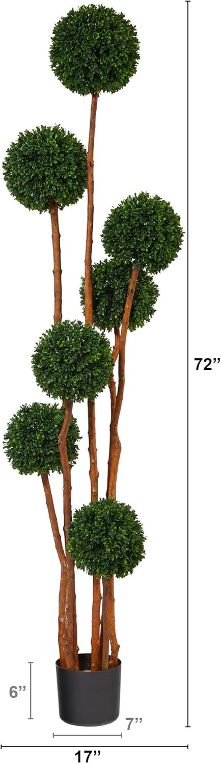 Nearly Natural 6ft Boxwood Ball Topiary Artificial Tree with Natural Trunk UV Resistant