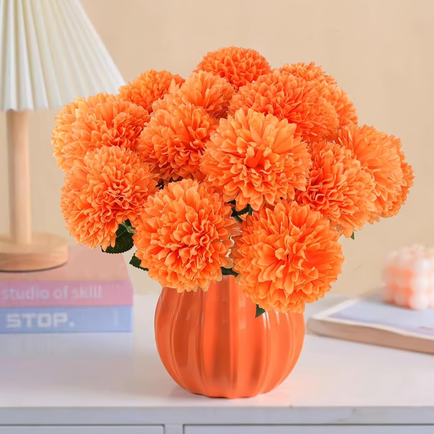 Hananona 12 Pcs Artificial Chrysanthemums Ball Flowers Orange
