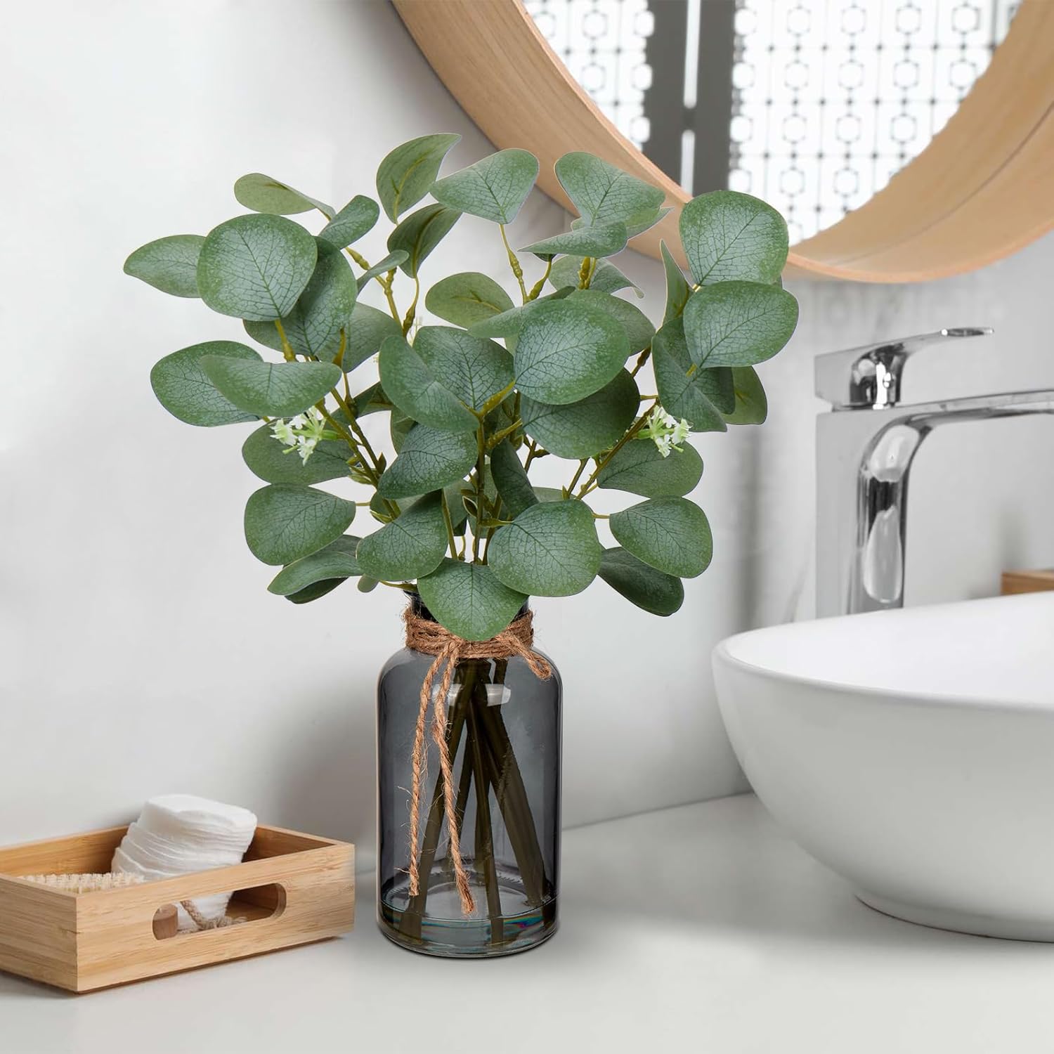 Briful Artificial Eucalyptus Leaves in Black Glass Vase