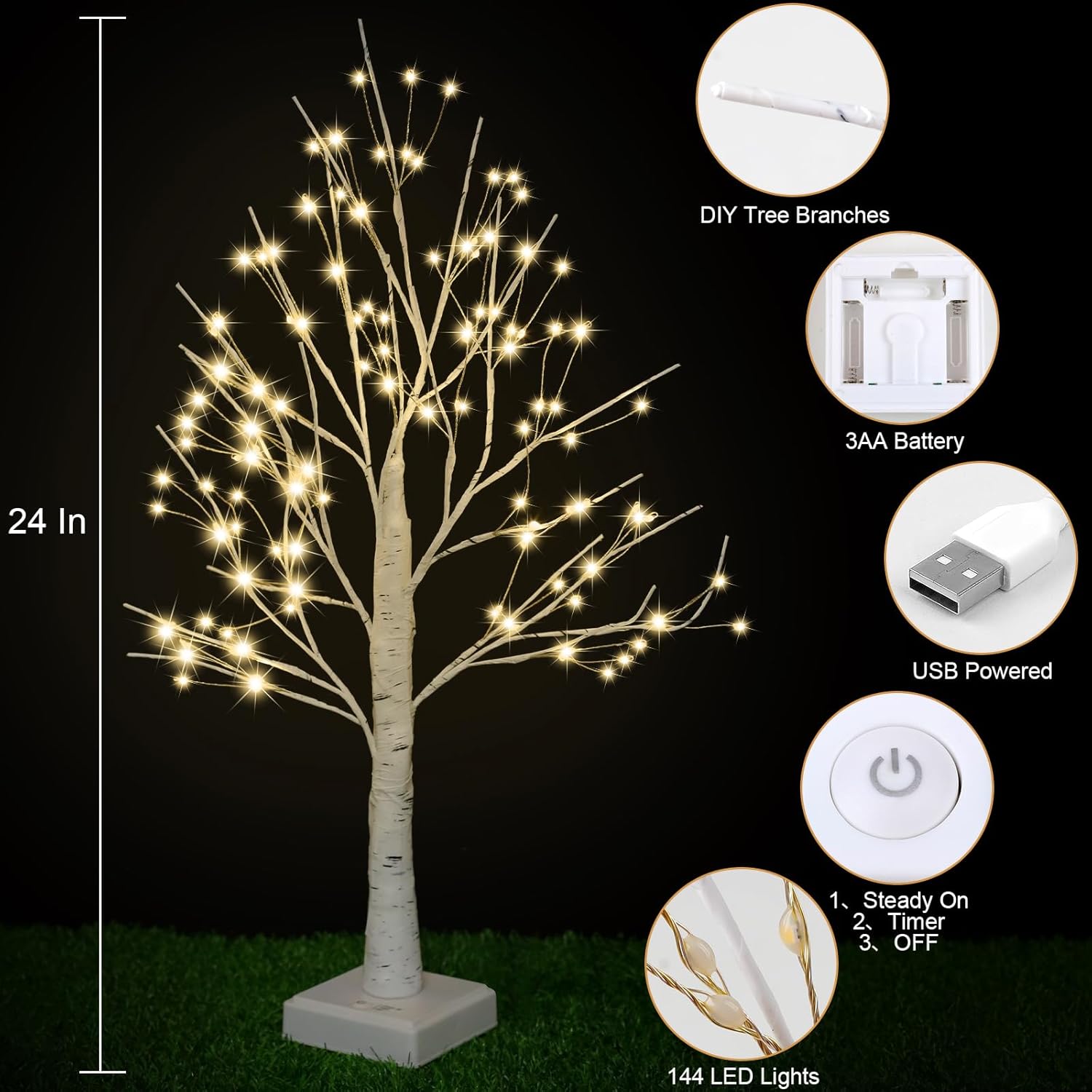 144 LED Birch Tree Lamp with Timer and USB Power