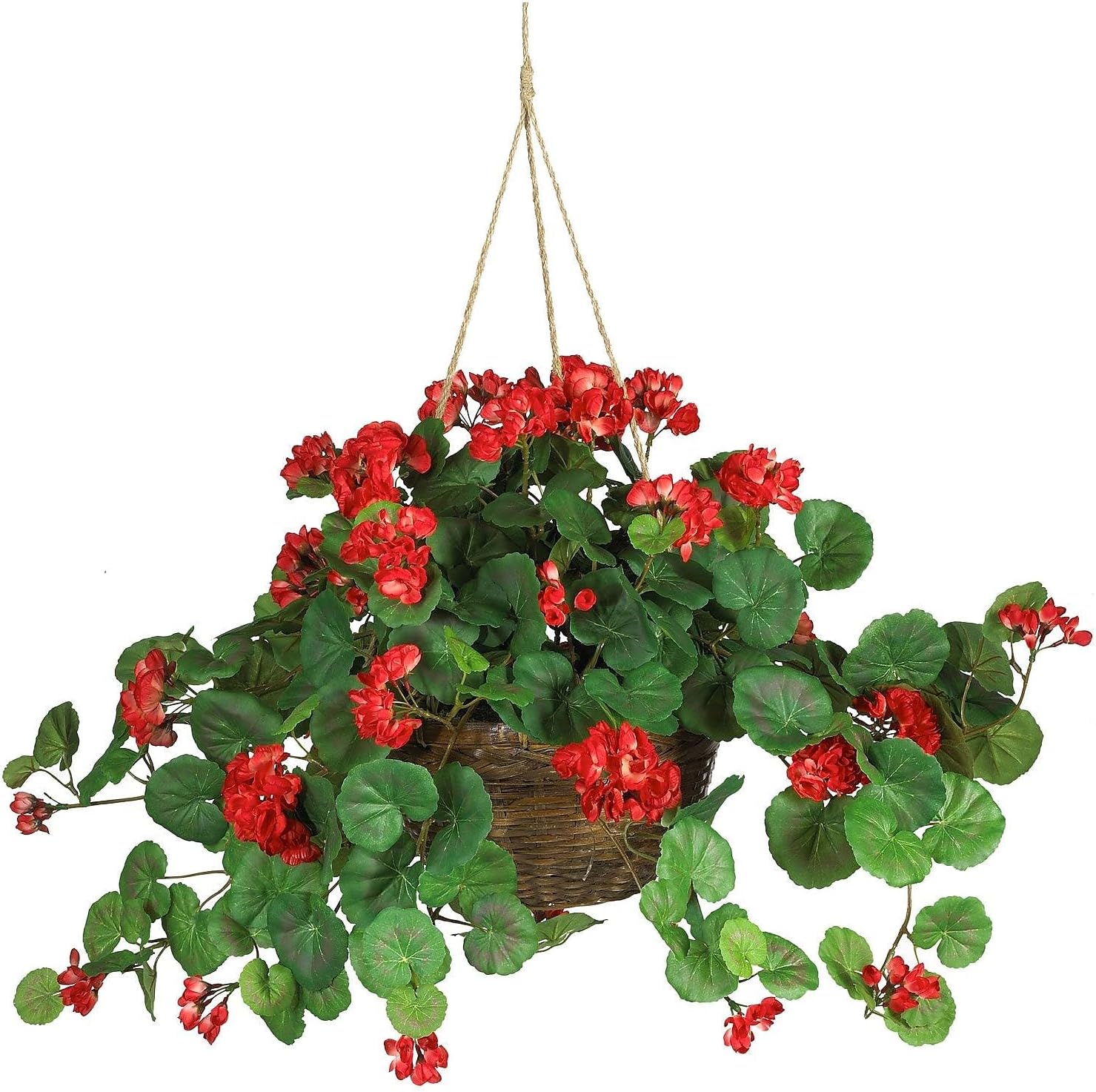 Nearly Natural 24in Geranium Hanging Basket Silk Plant Red