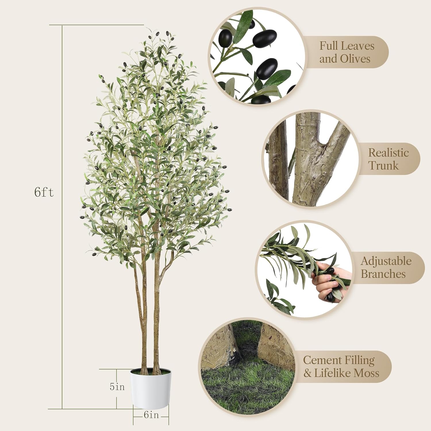 6ft Artificial Olive Tree with Natural Wood Trunk and Lifelike Fruits