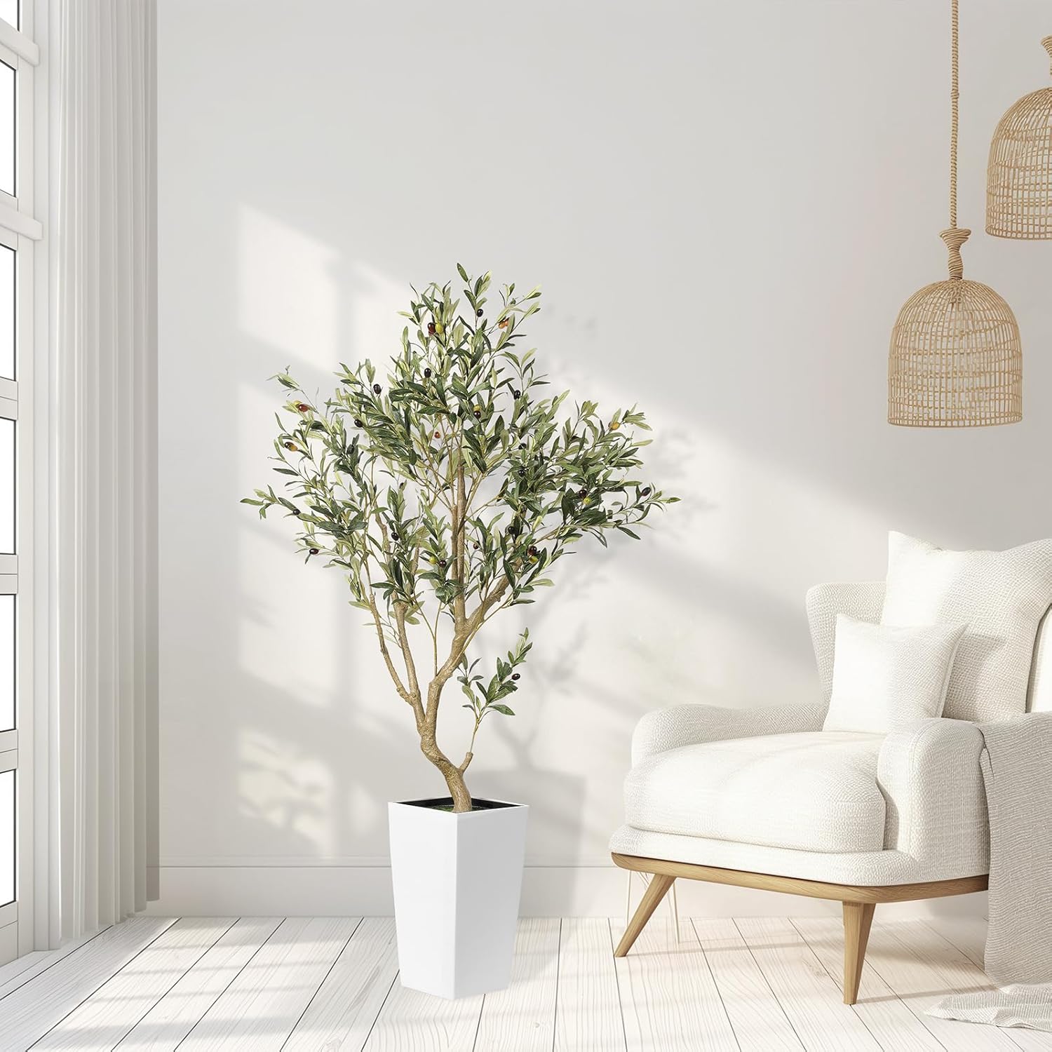 Faux Olive Tree 5ft with White Planter and Natural Wood Trunk