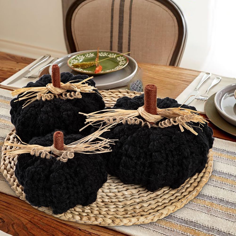 Briful Extra Large Black Yarn Pumpkins 3pcs Fall Decor