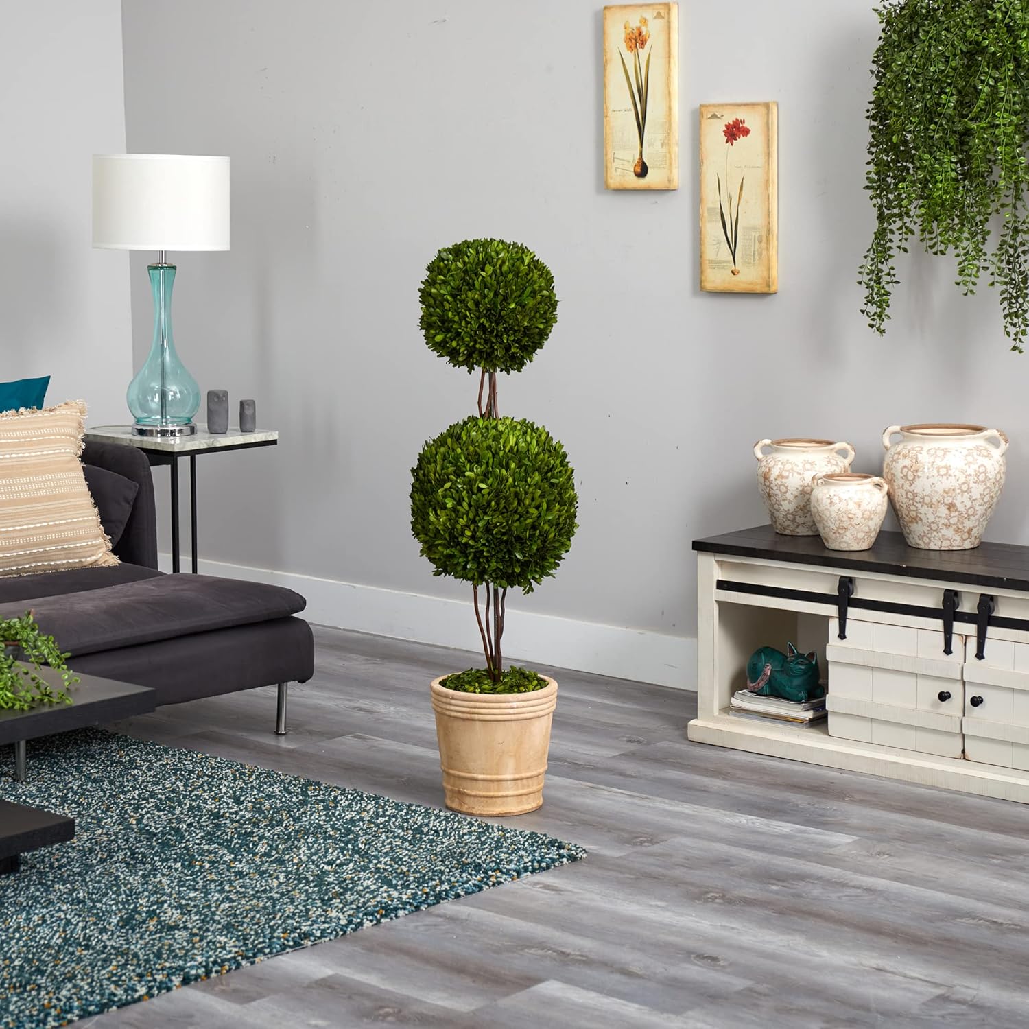 Nearly Natural 4ft Preserved Boxwood Double Ball Topiary Tree with Planter