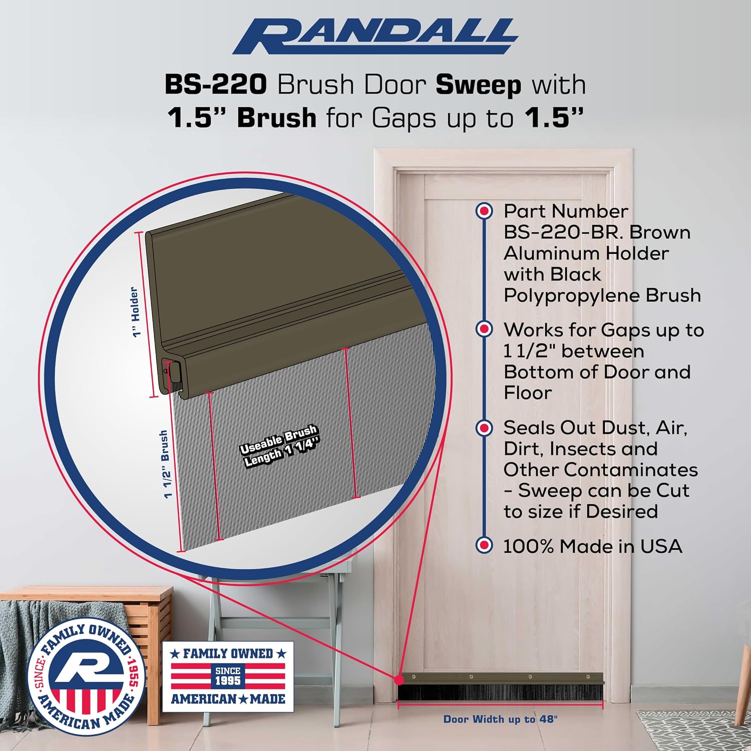 Randall Door Sweep with Black Brush and Brown Trim