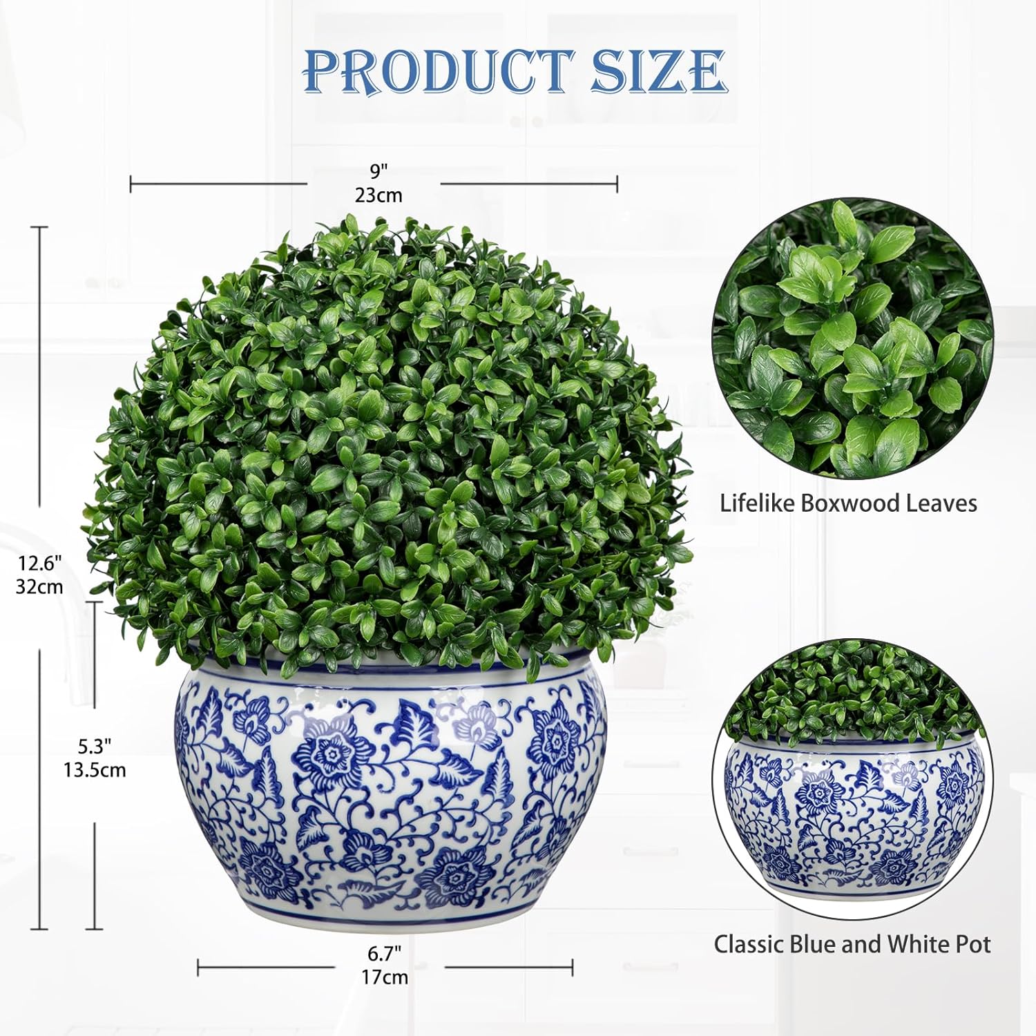 DILATATA Artificial Boxwood Ball in Blue and White Ceramic Pot
