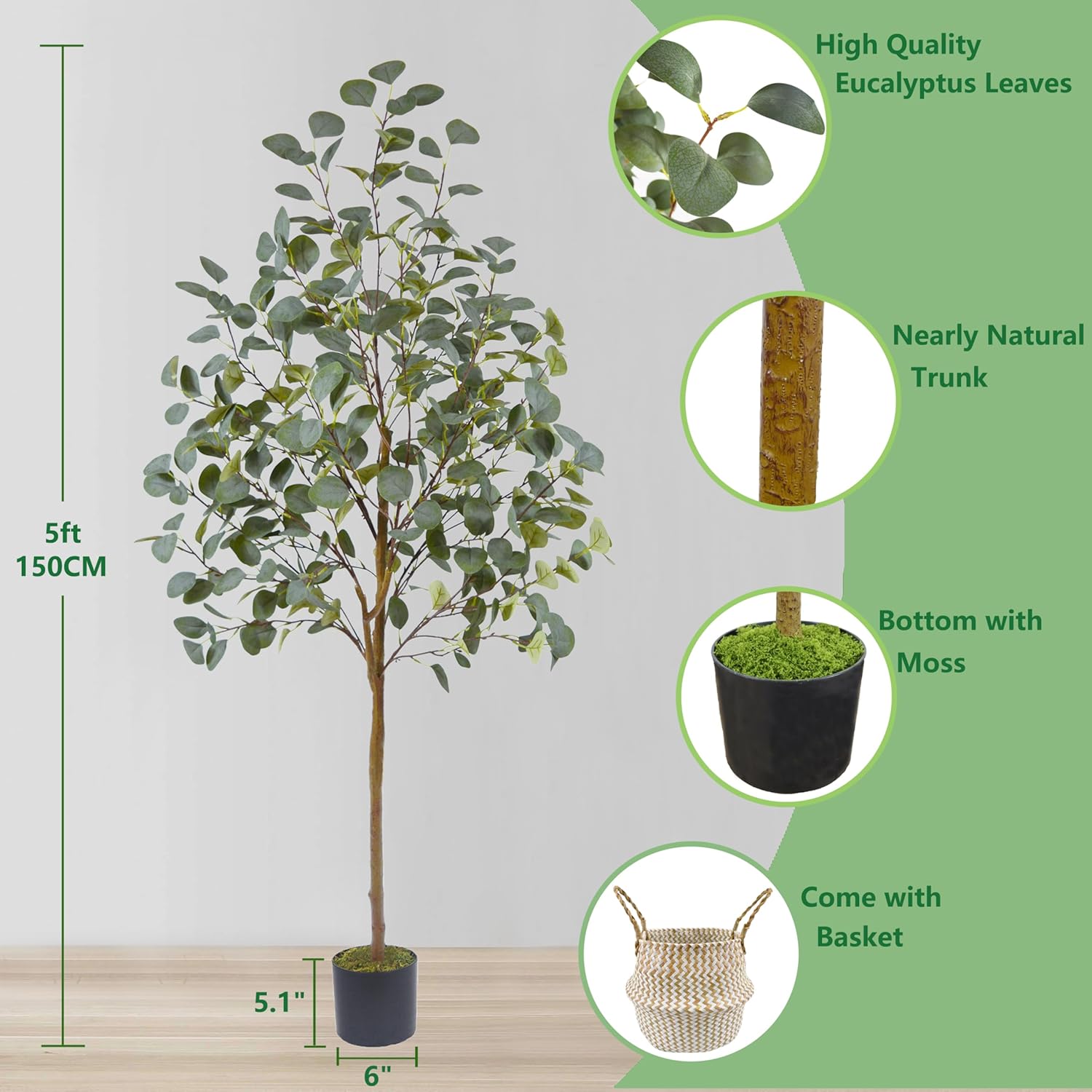 5ft Artificial Eucalyptus Tree with Woven Basket and Black Pot