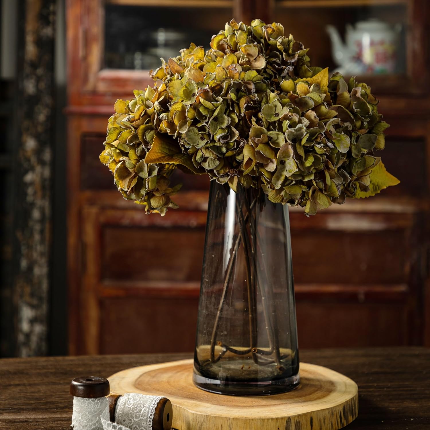 TOPIA Silk Dried Hydrangea Flowers 6 PCS Green