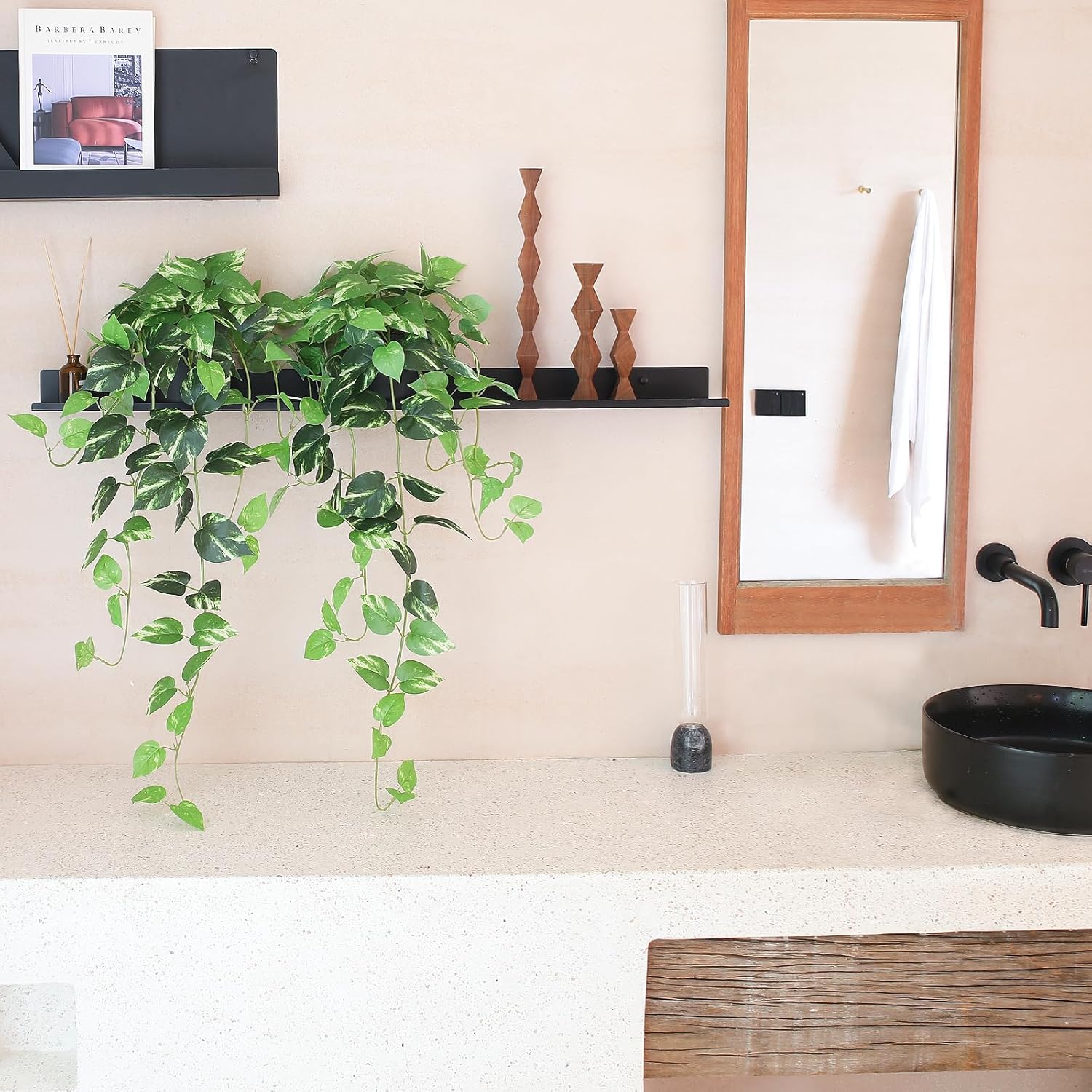 Fake Pothos Hanging Plants Set of 2 Artificial Silk Ivy Vines with Pots