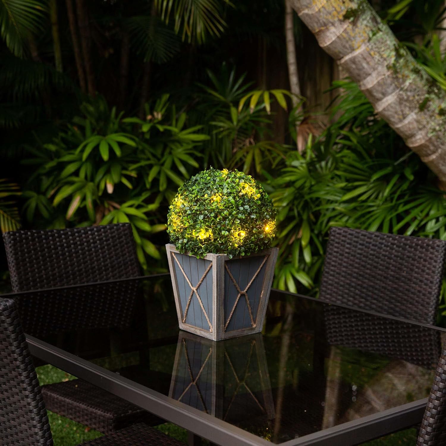 Nearly Natural 18in UV Resistant Artificial Boxwood Topiary with LED Light