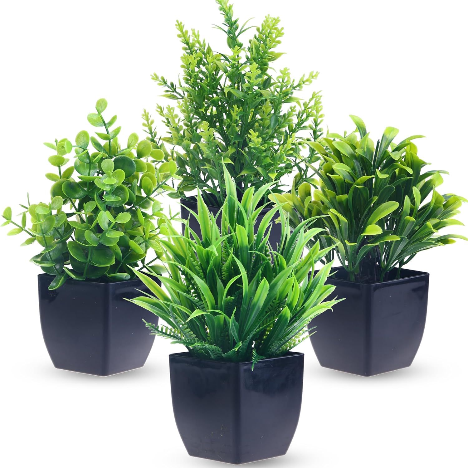GREENTIME 4 Pack Artificial Eucalyptus Plants in Black Pots