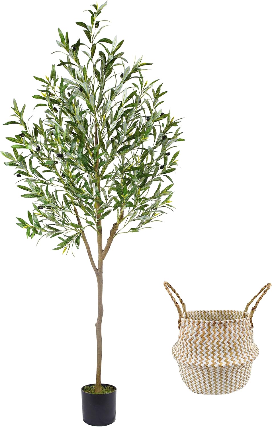 6ft Tall Artificial Olive Tree with Black Pot and Woven Basket