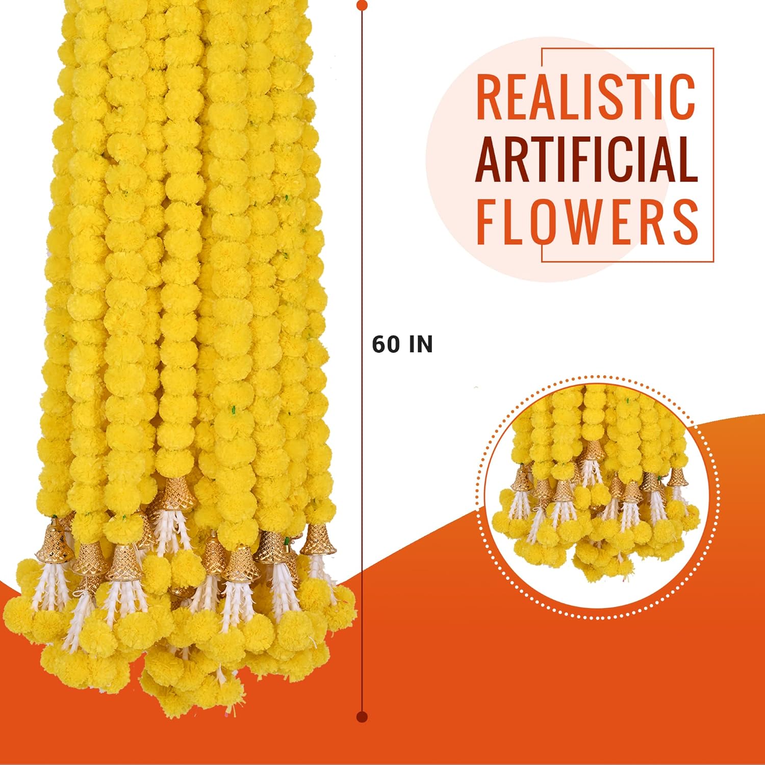DIYANA IMPEX Yellow Marigold Garland 5 Pcs 5 Feet Long Artificial Flowers