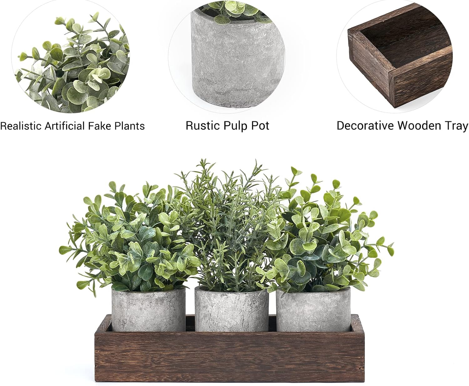 Dahey 3 Pack Mini Artificial Eucalyptus Plants with Wood Tray