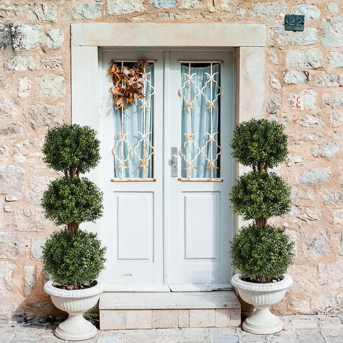 Momoplant Artificial Topiary Triple Ball Boxwood Tree Set of 2