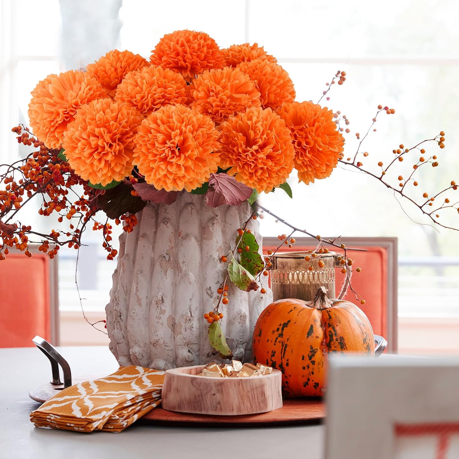 Hananona 12 Pcs Artificial Chrysanthemums Ball Flowers Orange