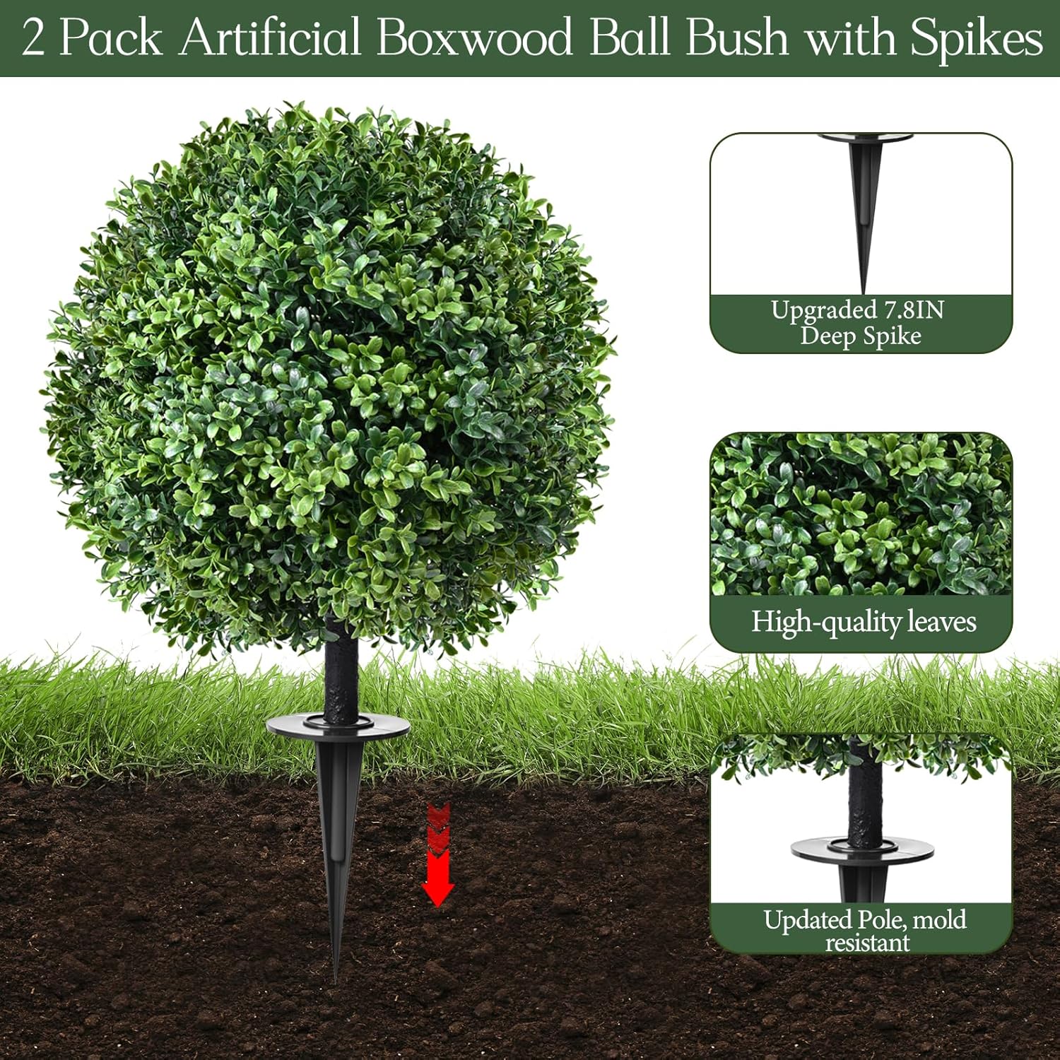 24 Artificial Boxwood Topiary Set of 2 with Ground Spike