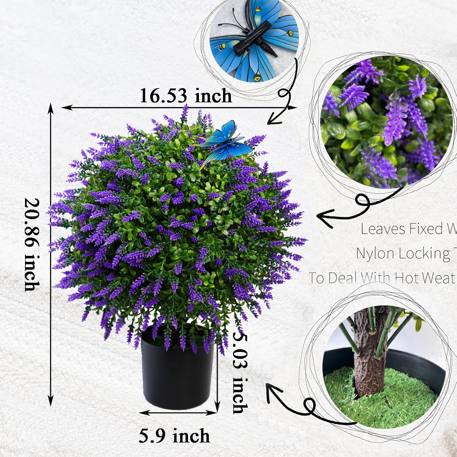 Artificial Lavender Topiary Ball Tree Set of 2 with 12 Butterflies