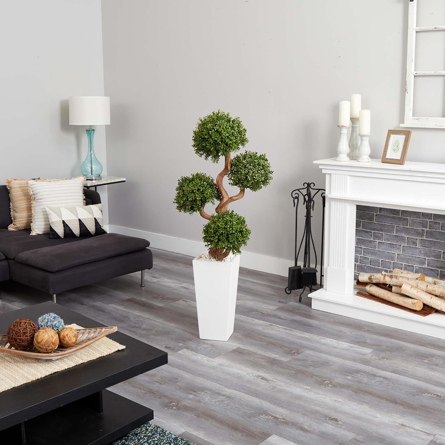 Nearly Natural 55in Four Ball Boxwood Artificial Topiary Tree in White Planter
