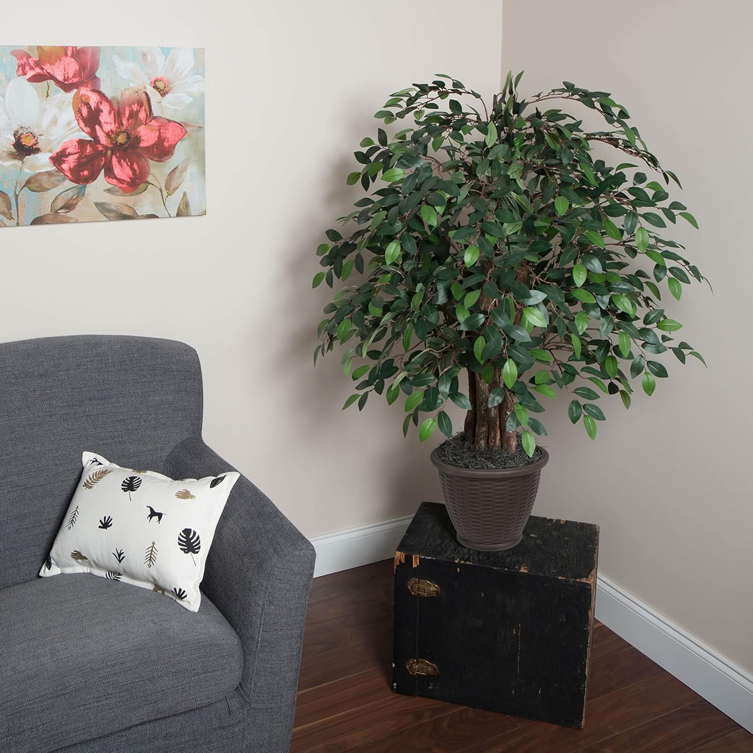 Vickerman 4 Foot Artificial Mini Ficus Bush with Decorative Container