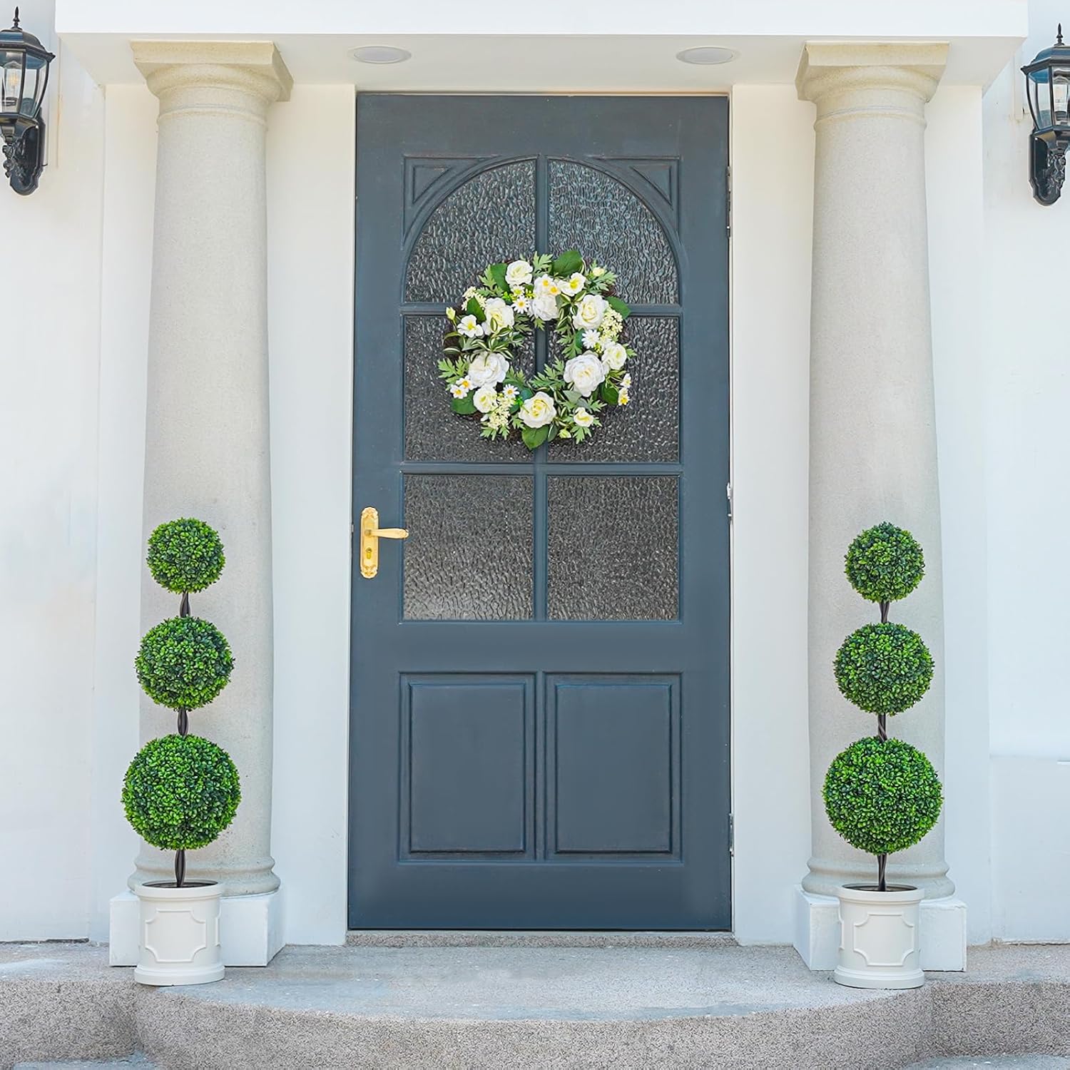 3FT Artificial Triple Ball Topiary Trees with White Planter Pot Set of 2